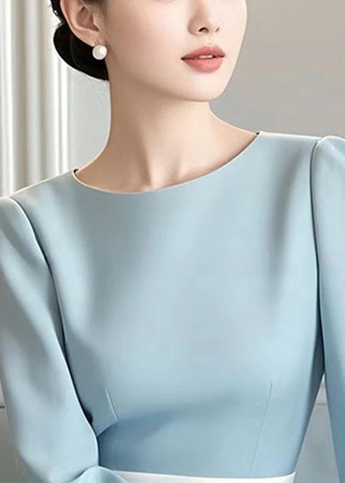 Elegant Blue O Neck High Waist Cotton Long Dress Spring - Image 5