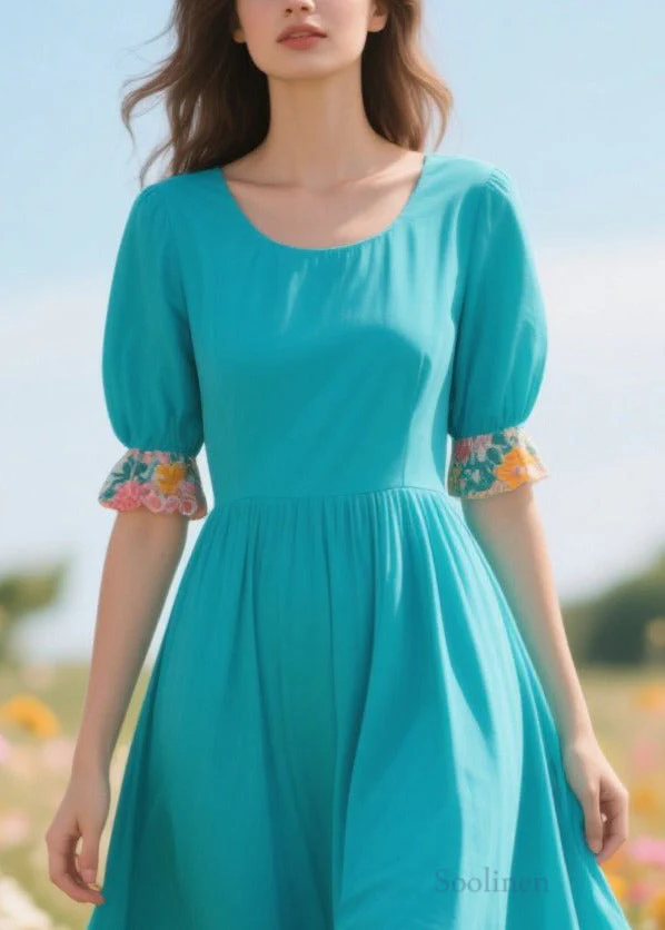Elegant Blue O-Neck Patchwork Print Cotton Holiday Dress Summer - Image 2