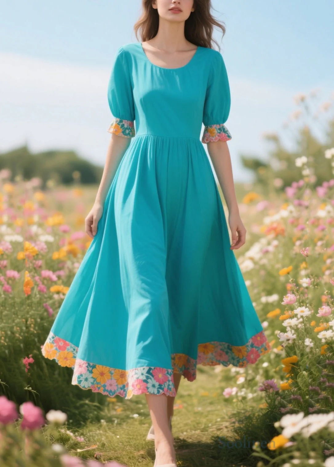 Elegant Blue O-Neck Patchwork Print Cotton Holiday Dress Summer - Image 3
