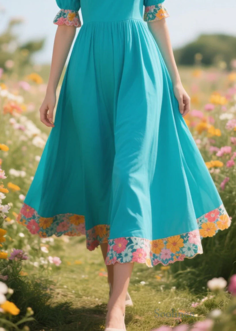 Elegant Blue O-Neck Patchwork Print Cotton Holiday Dress Summer - Image 4