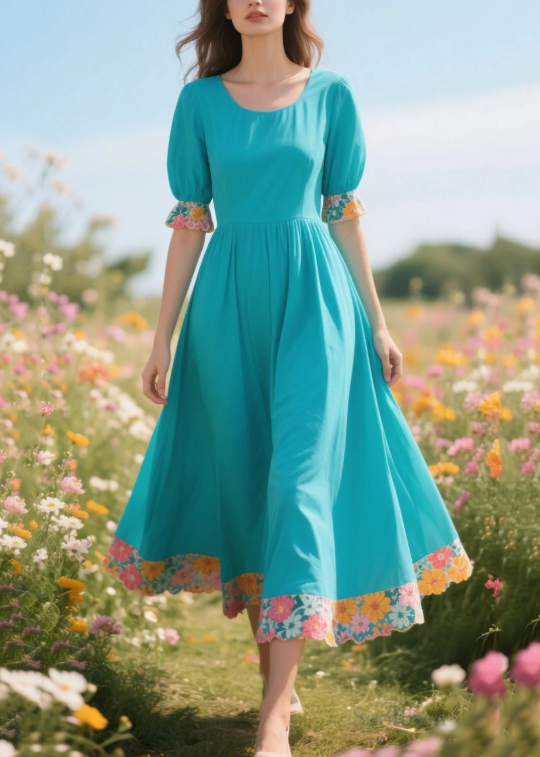 Elegant Blue O-Neck Patchwork Print Cotton Holiday Dress Summer - Image 5