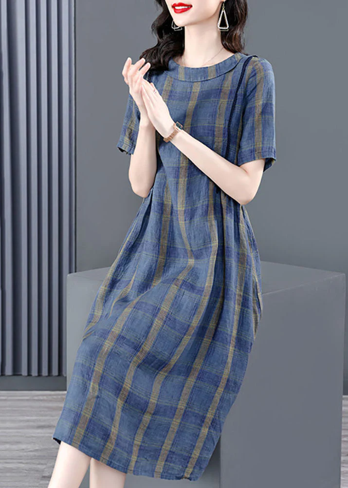 Elegant Blue O-Neck Plaid Wrinkled Pockets Cotton Cinch Dress Short Sleeve - Image 2