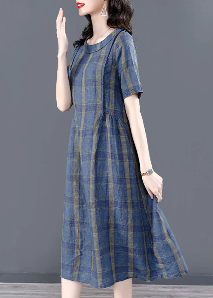 Elegant Blue O-Neck Plaid Wrinkled Pockets Cotton Cinch Dress Short Sleeve - Image 4