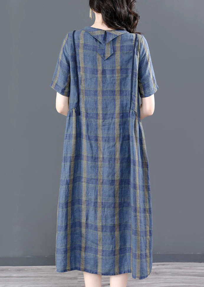 Elegant Blue O-Neck Plaid Wrinkled Pockets Cotton Cinch Dress Short Sleeve - Image 5