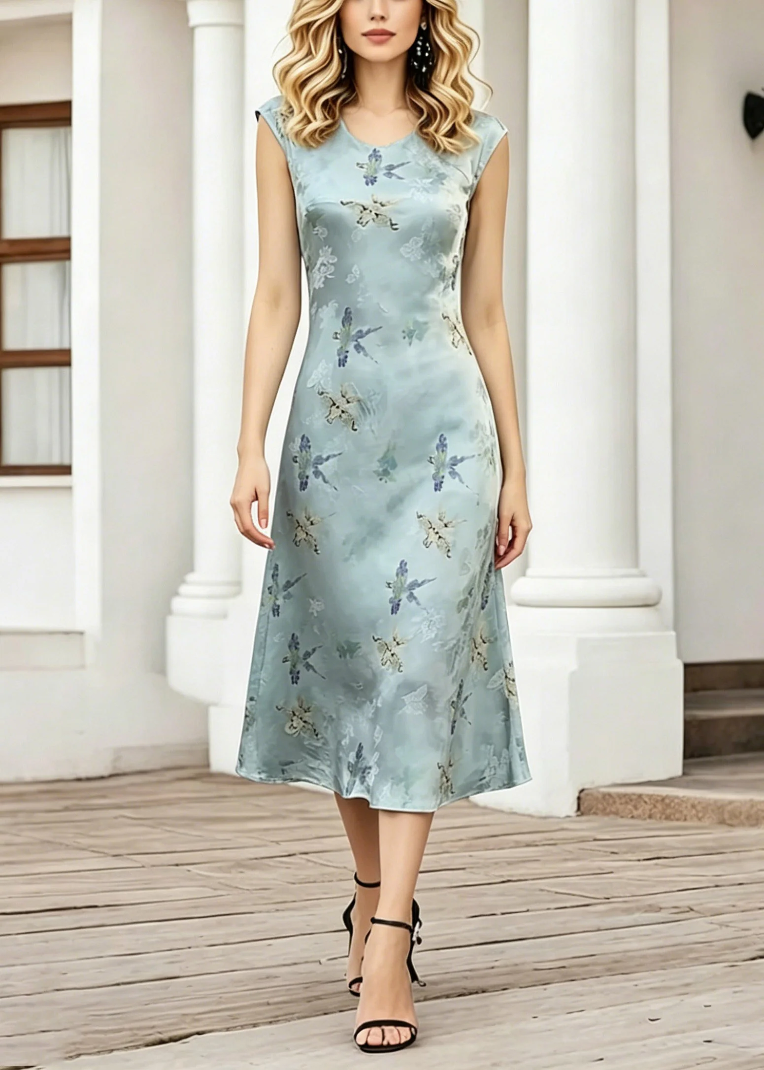 Elegant Blue O-Neck Print Long Dress Short Sleeve - Image 3