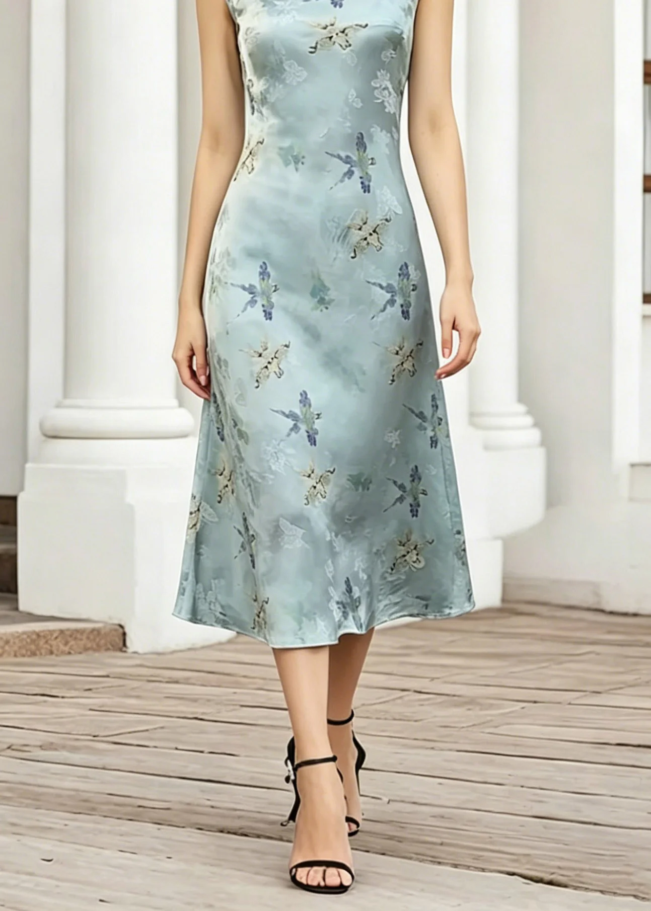 Elegant Blue O-Neck Print Long Dress Short Sleeve - Image 4