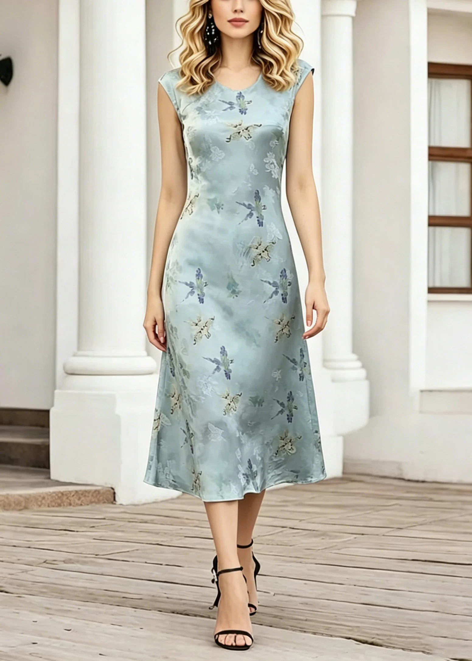 Elegant Blue O-Neck Print Long Dress Short Sleeve - Image 5
