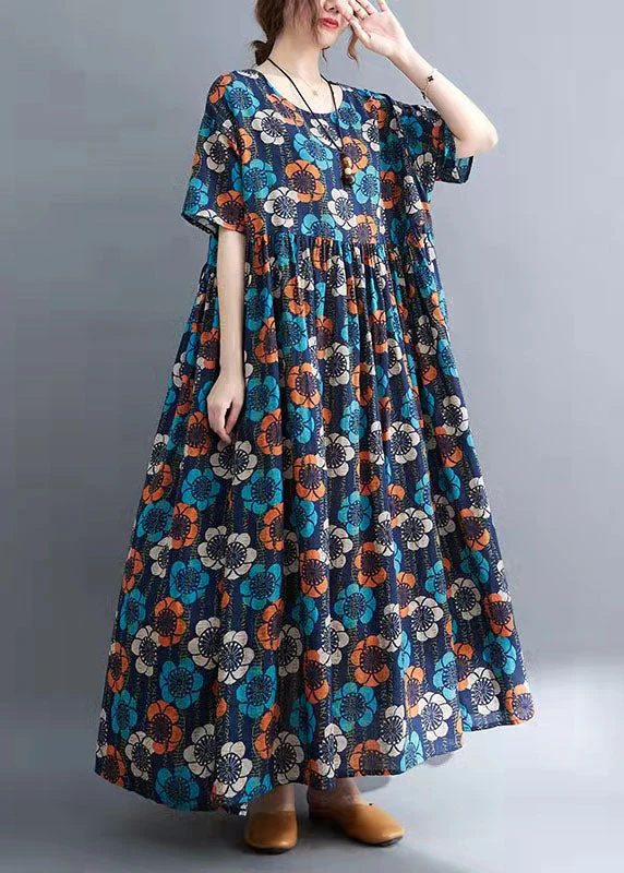 Elegant Blue O-Neck Print Summer Party Dress Half Sleeve - Image 2