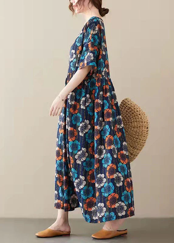 Elegant Blue O-Neck Print Summer Party Dress Half Sleeve - Image 3