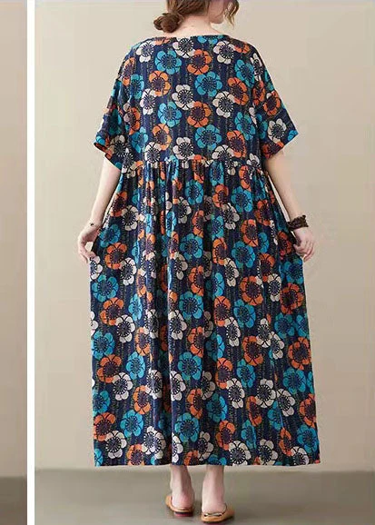 Elegant Blue O-Neck Print Summer Party Dress Half Sleeve - Image 4