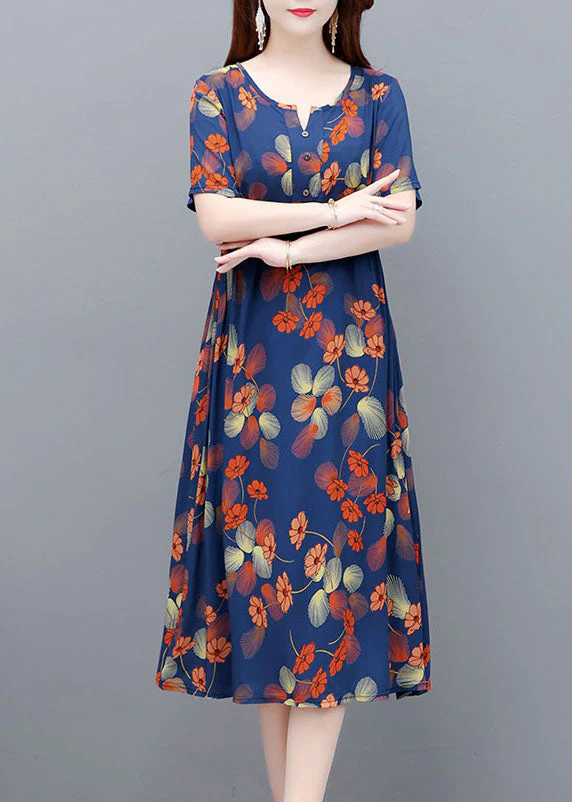 Elegant Blue O-Neck Wrinkled Print Cotton Cinch Dresses Short Sleeve - Image 2