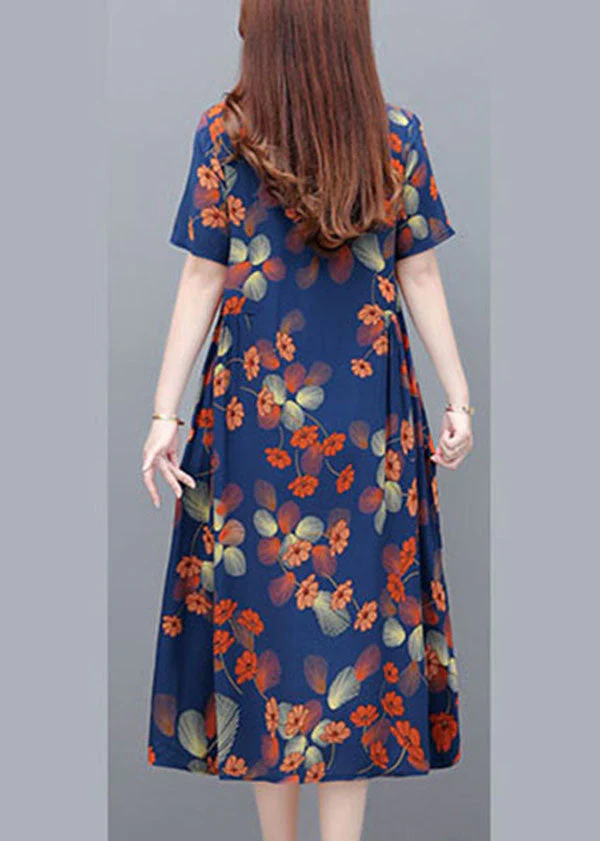 Elegant Blue O-Neck Wrinkled Print Cotton Cinch Dresses Short Sleeve - Image 3
