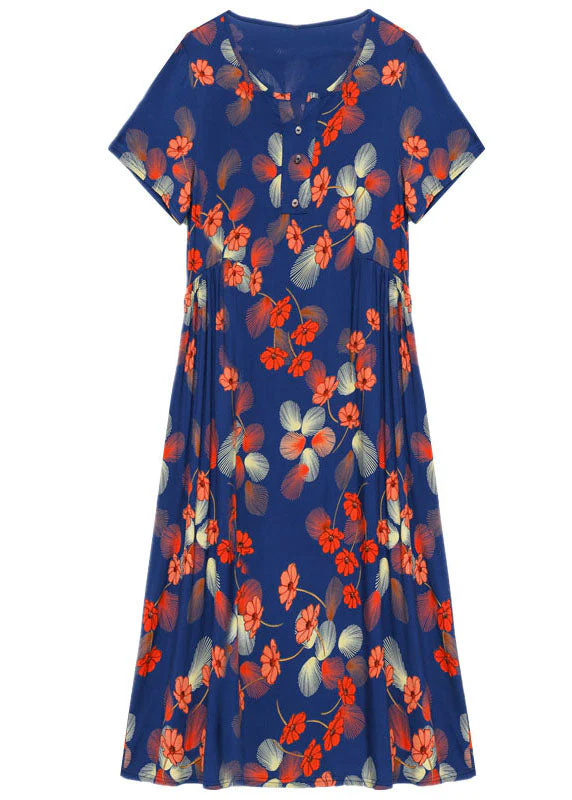 Elegant Blue O-Neck Wrinkled Print Cotton Cinch Dresses Short Sleeve - Image 5