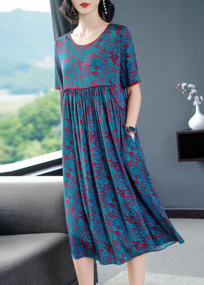Elegant Blue O-Neck Wrinkled Print Silk Long Dress Short Sleeve - Image 3
