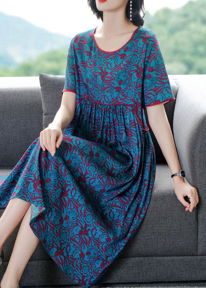 Elegant Blue O-Neck Wrinkled Print Silk Long Dress Short Sleeve - Image 4