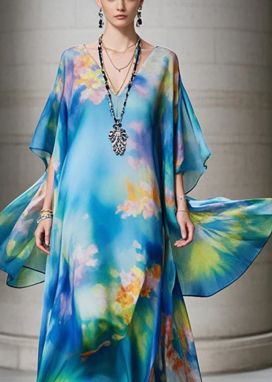 Elegant Blue Oversized Print Chiffon Beach Dress Summer - Image 2