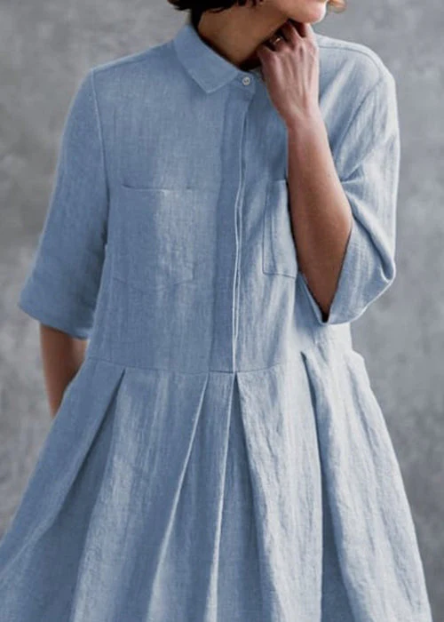 Elegant Blue Peter Pan Collar Button Cotton Shirts Dress Summer - Image 3