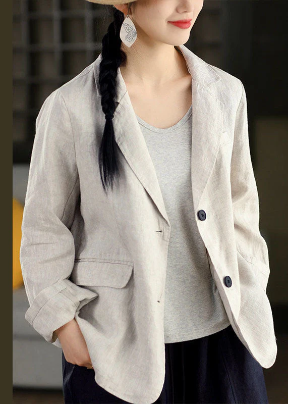 Elegant Blue Peter Pan Collar Pockets Linen Jacket Spring - Image 3