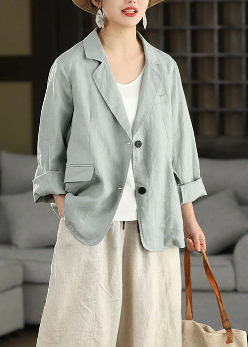 Elegant Blue Peter Pan Collar Pockets Linen Jacket Spring - Image 4