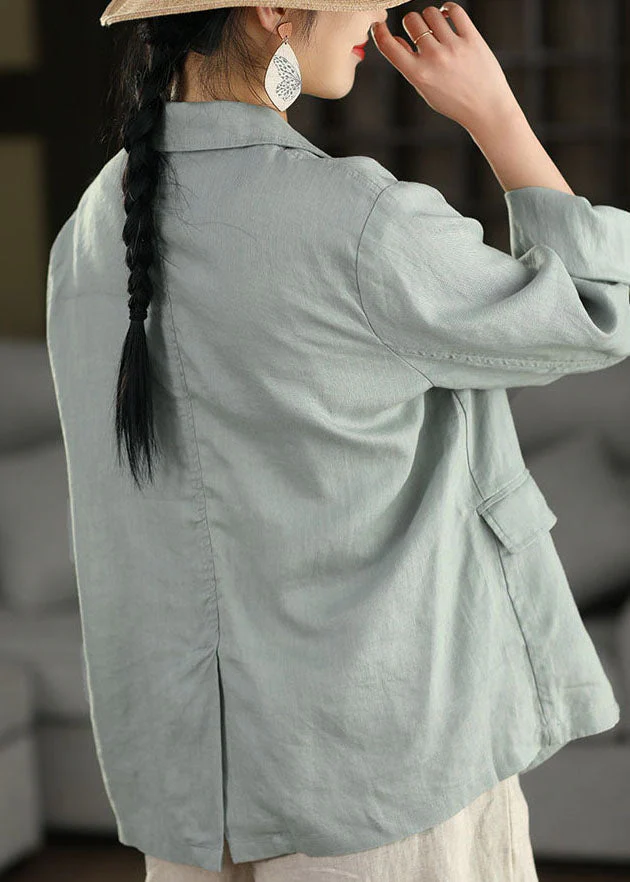 Elegant Blue Peter Pan Collar Pockets Linen Jacket Spring - Image 5