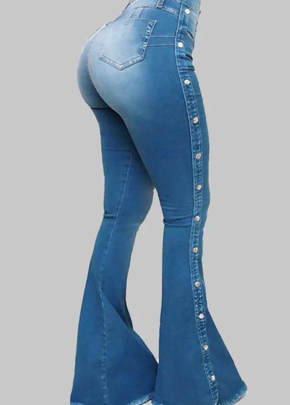 Elegant Blue Pockets Patchwork High Waist Denim Flared Trousers Spring - Image 5