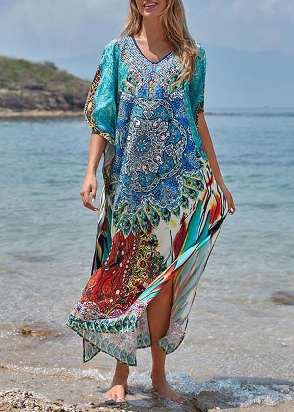 Elegant Blue Print Cotton V Neck Beach Gown Ankle Dress