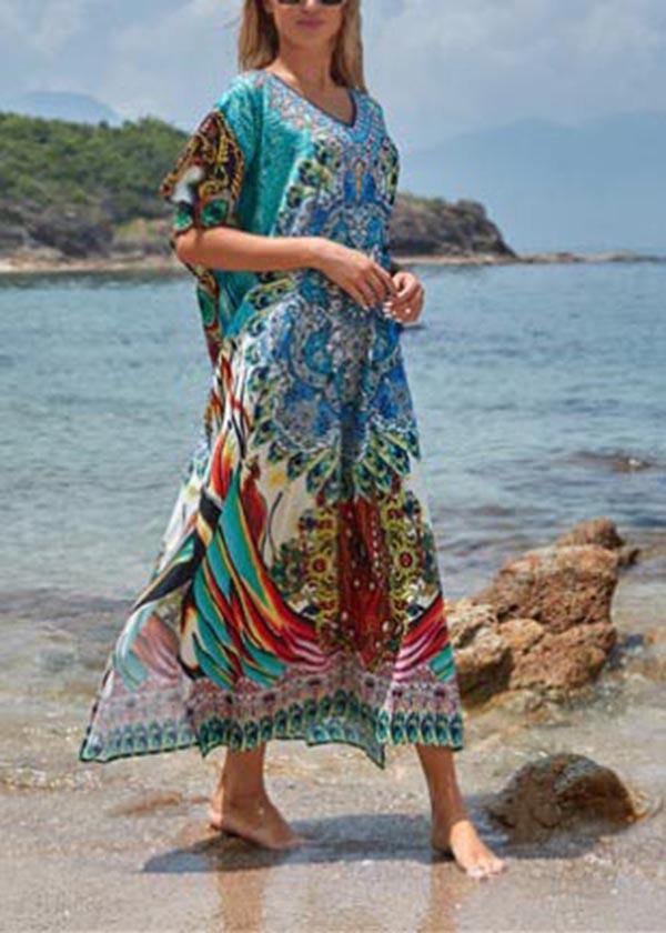 Elegant Blue Print Cotton V Neck Beach Gown Ankle Dress - Image 2