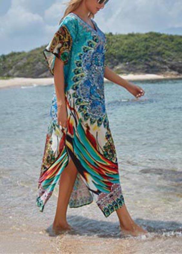 Elegant Blue Print Cotton V Neck Beach Gown Ankle Dress - Image 3