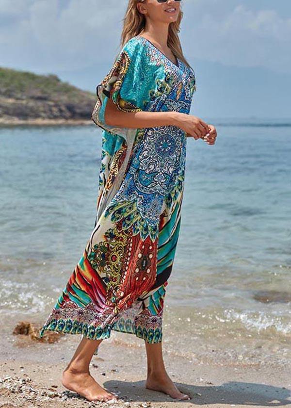 Elegant Blue Print Cotton V Neck Beach Gown Ankle Dress - Image 4