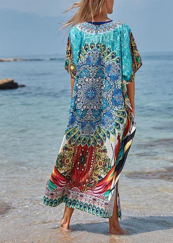 Elegant Blue Print Cotton V Neck Beach Gown Ankle Dress - Image 5