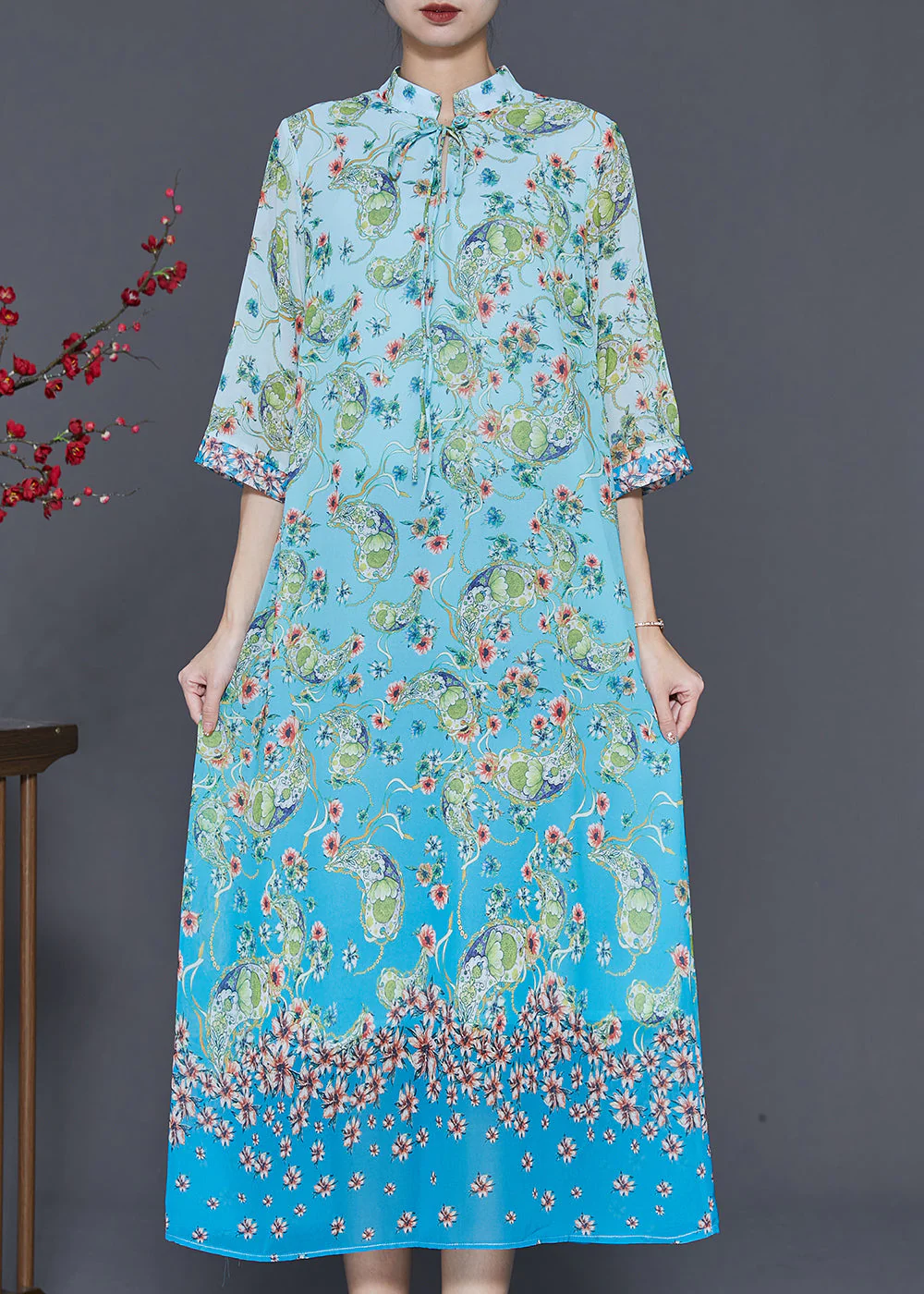 Elegant Blue Print Draping Chiffon Long Dresses Summer - Image 2