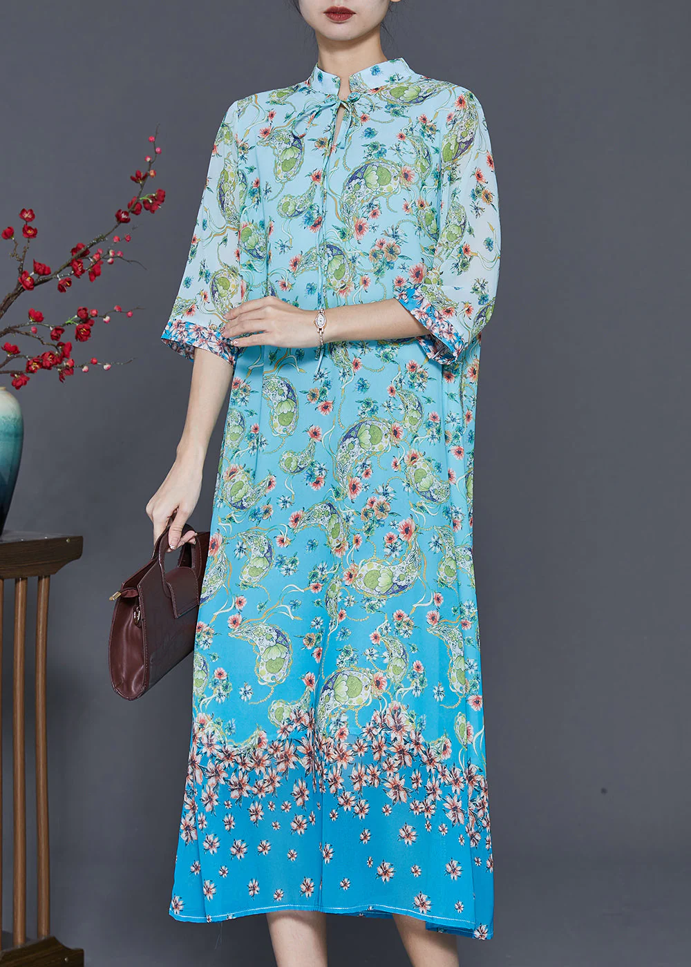 Elegant Blue Print Draping Chiffon Long Dresses Summer - Image 3