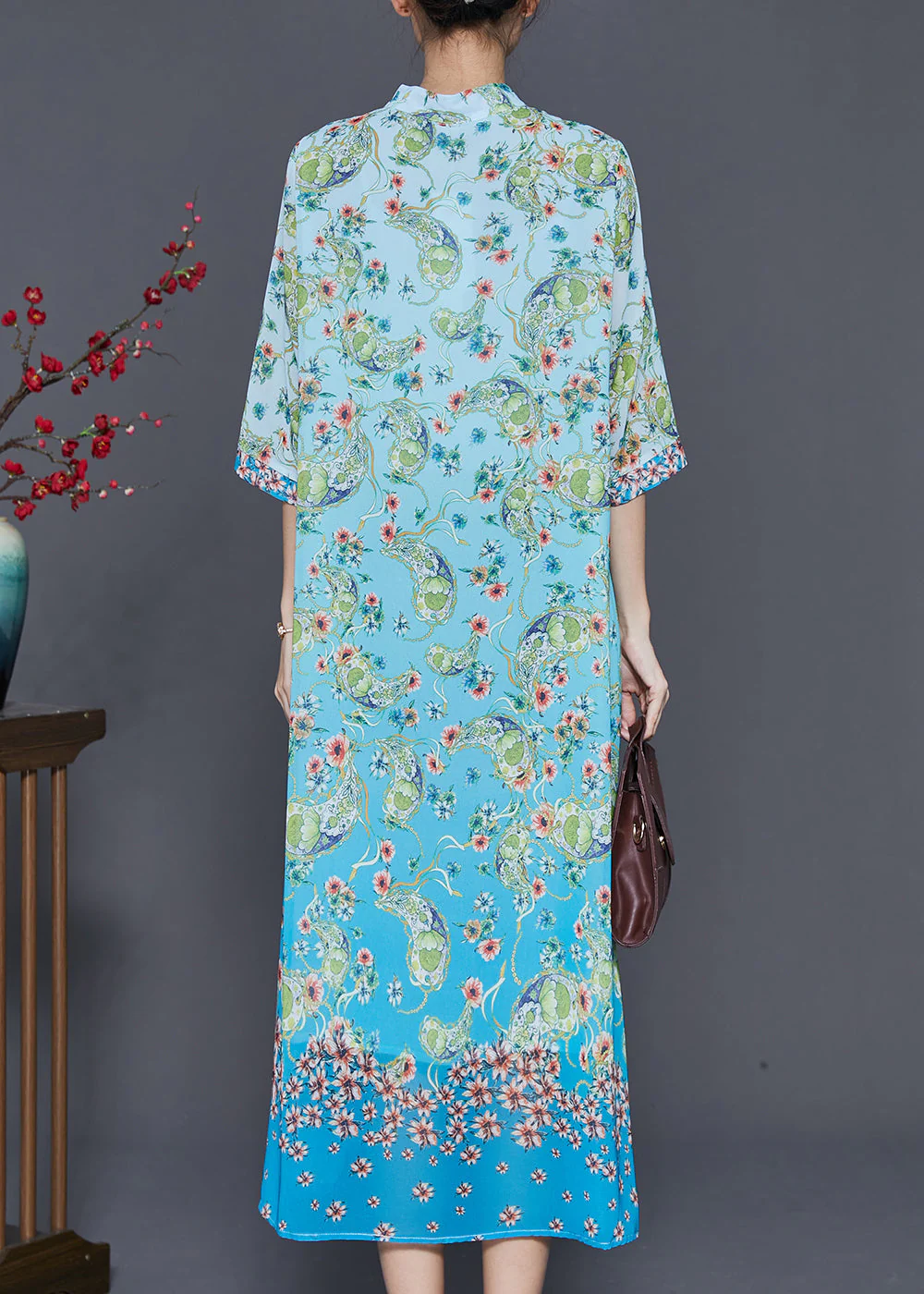 Elegant Blue Print Draping Chiffon Long Dresses Summer - Image 4