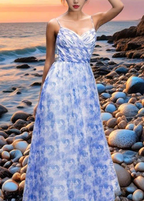 Elegant Blue Print Lace Up Chiffon Spaghetti Strap Dress Sleeveless - Image 2