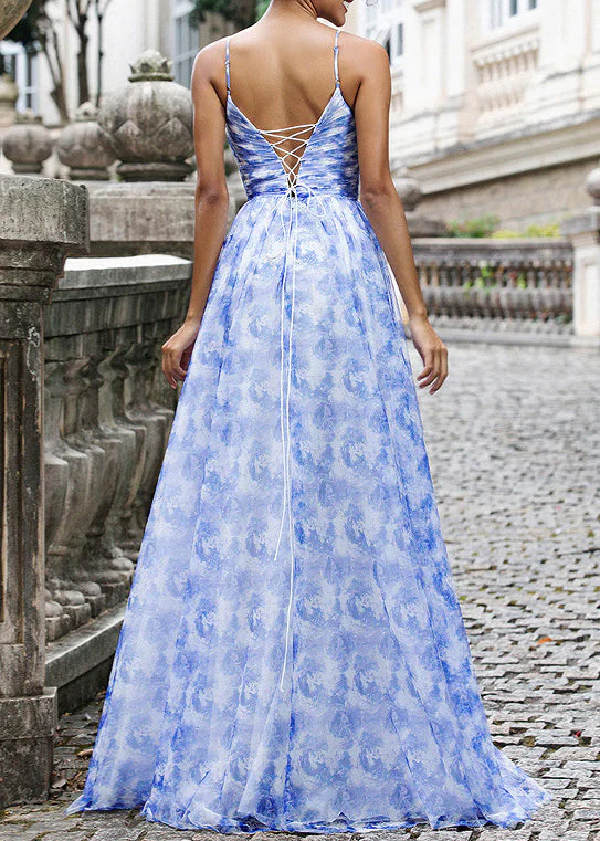 Elegant Blue Print Lace Up Chiffon Spaghetti Strap Dress Sleeveless - Image 3