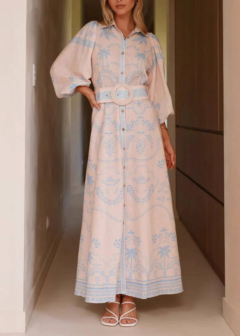 Elegant Blue Print Maxi Dresses Lantern Sleeve - Image 2