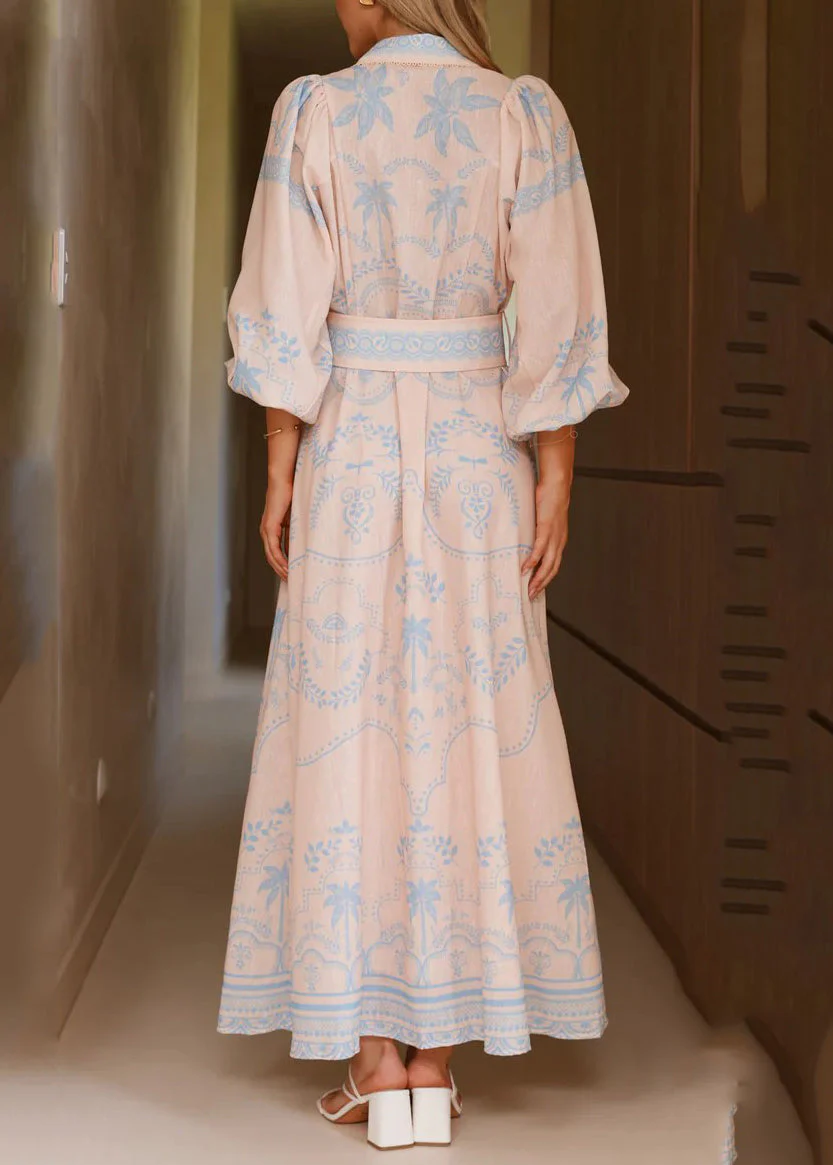 Elegant Blue Print Maxi Dresses Lantern Sleeve - Image 4