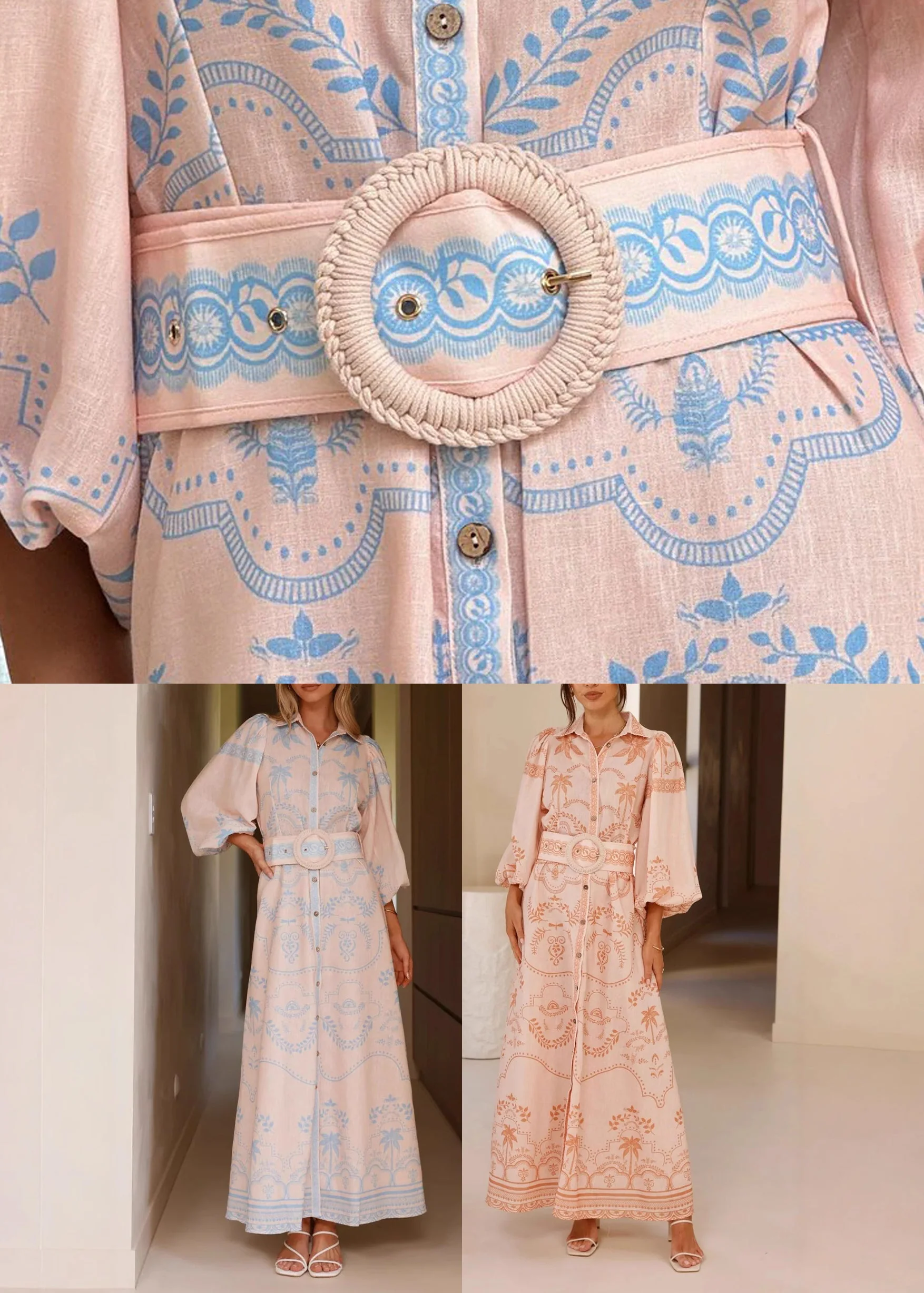 Elegant Blue Print Maxi Dresses Lantern Sleeve - Image 5