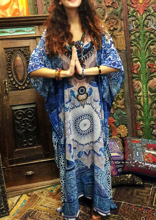 Elegant Blue Print O-Neck kimono robe Mid Summer Cotton Dress - Image 2