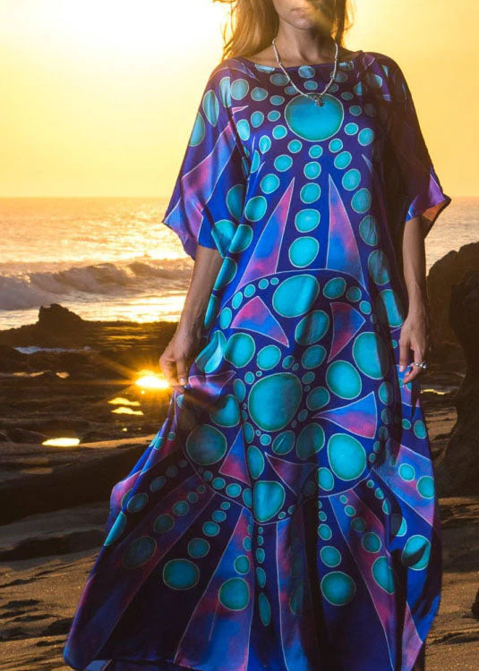 Elegant Blue Print O-Neck kimono robe Mid Summer Cotton Dress - Image 3