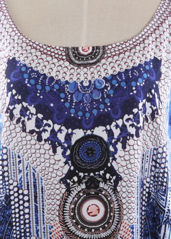 Elegant Blue Print O-Neck kimono robe Mid Summer Cotton Dress - Image 5