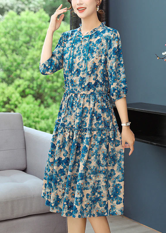 Elegant Blue Print Tunic Dresses Ruffled Summer - Image 2