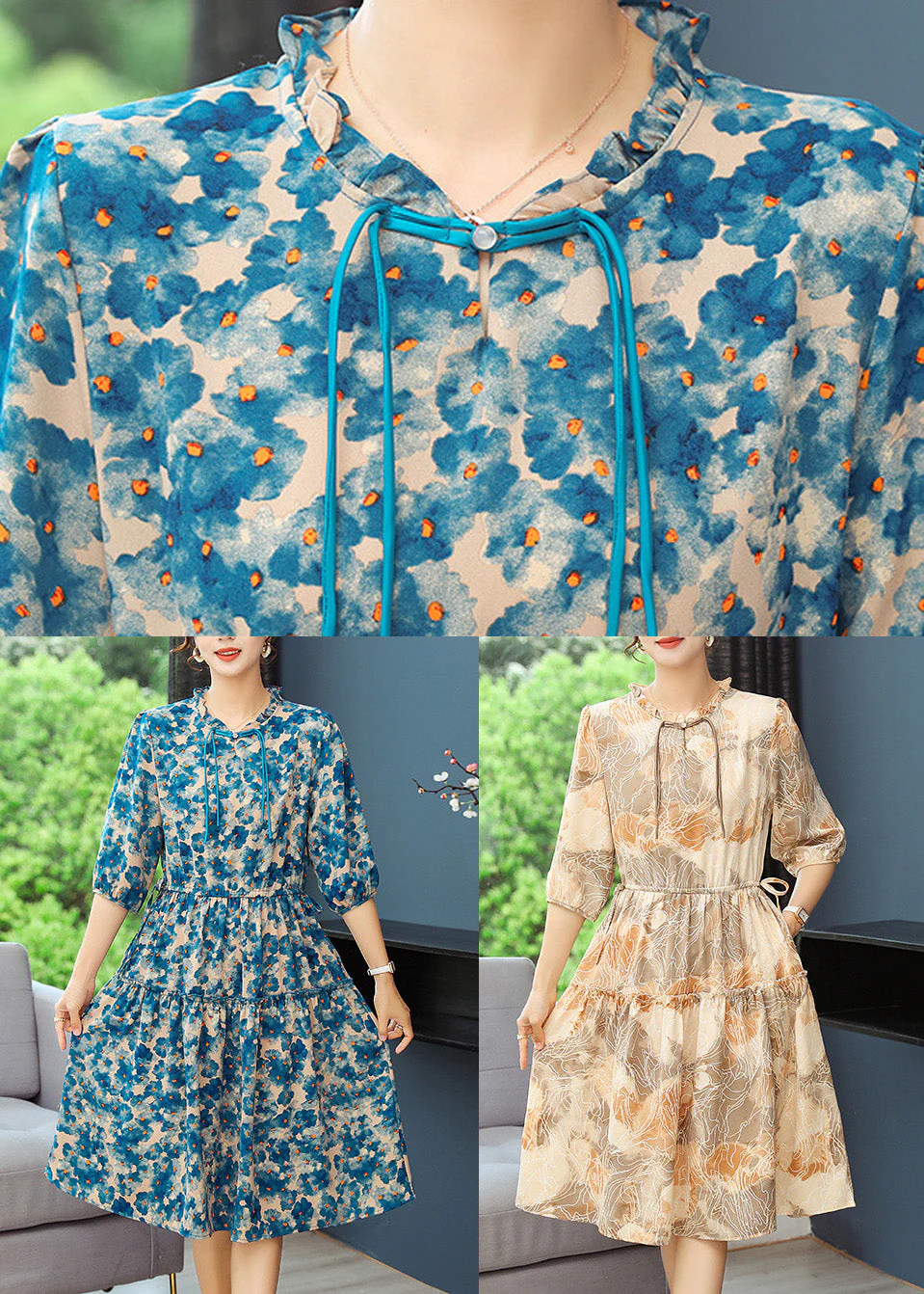 Elegant Blue Print Tunic Dresses Ruffled Summer - Image 5