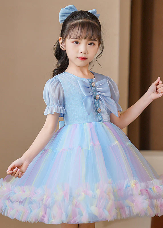 Elegant Blue Puff Sleeve Rainbow Exra Large Hem Tulle Kids Girls Dress Summer - Image 2