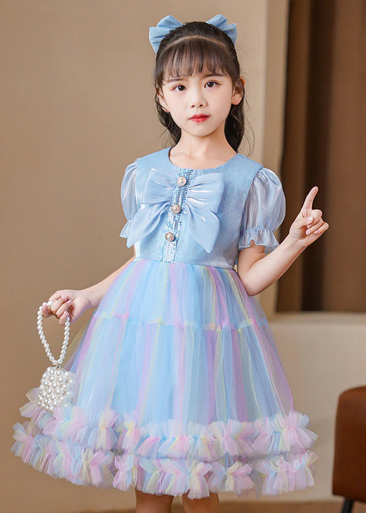 Elegant Blue Puff Sleeve Rainbow Exra Large Hem Tulle Kids Girls Dress Summer - Image 3
