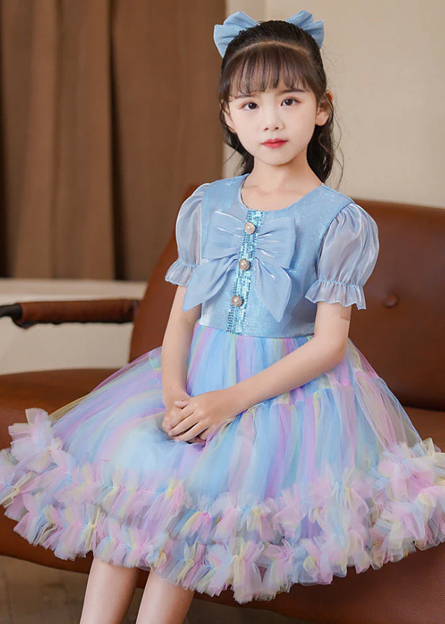 Elegant Blue Puff Sleeve Rainbow Exra Large Hem Tulle Kids Girls Dress Summer - Image 4
