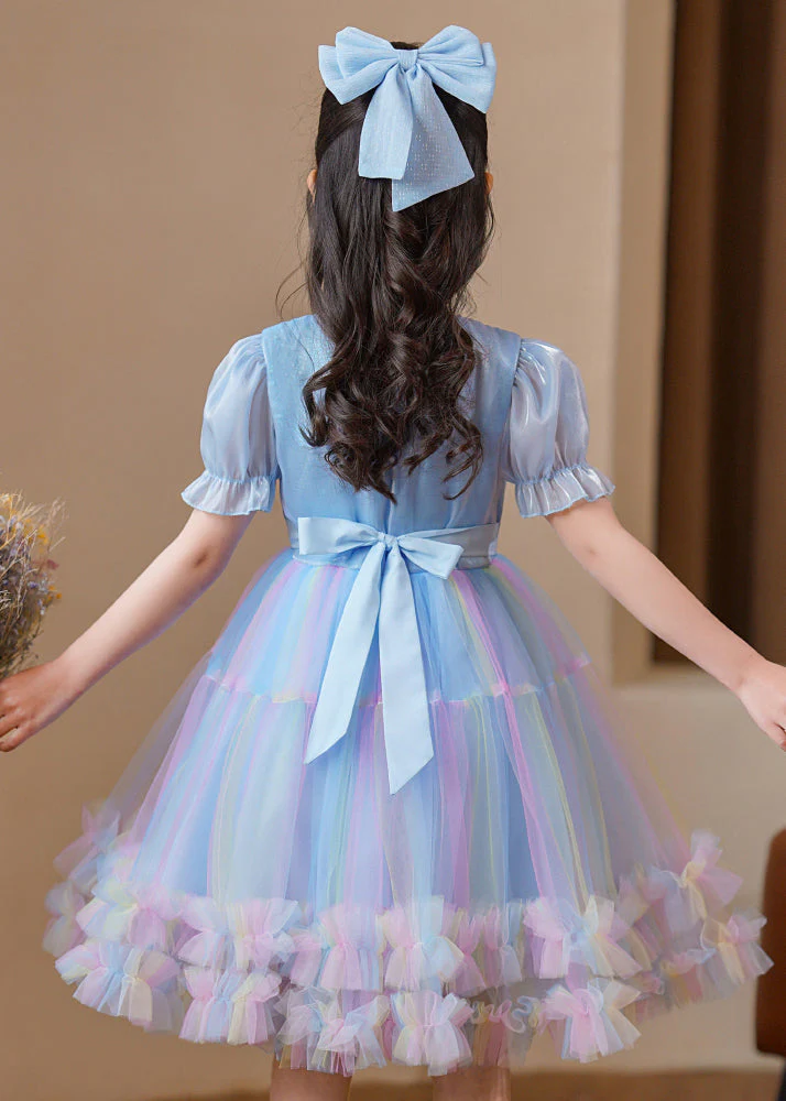 Elegant Blue Puff Sleeve Rainbow Exra Large Hem Tulle Kids Girls Dress Summer - Image 5