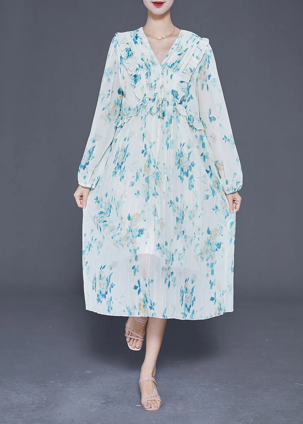 Elegant Blue Ruffled Print Wrinkled Chiffon Party Dress Summer - Image 2