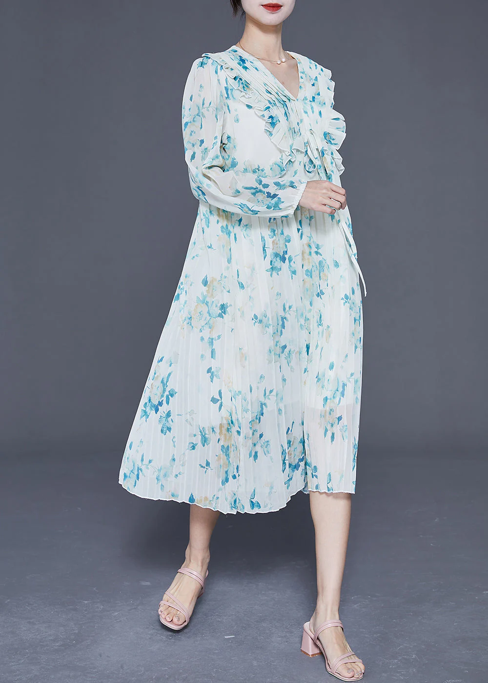 Elegant Blue Ruffled Print Wrinkled Chiffon Party Dress Summer - Image 3