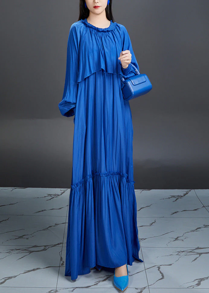 Elegant Blue Ruffled Tie Waist Cotton Maxi Dress Fall - Image 3